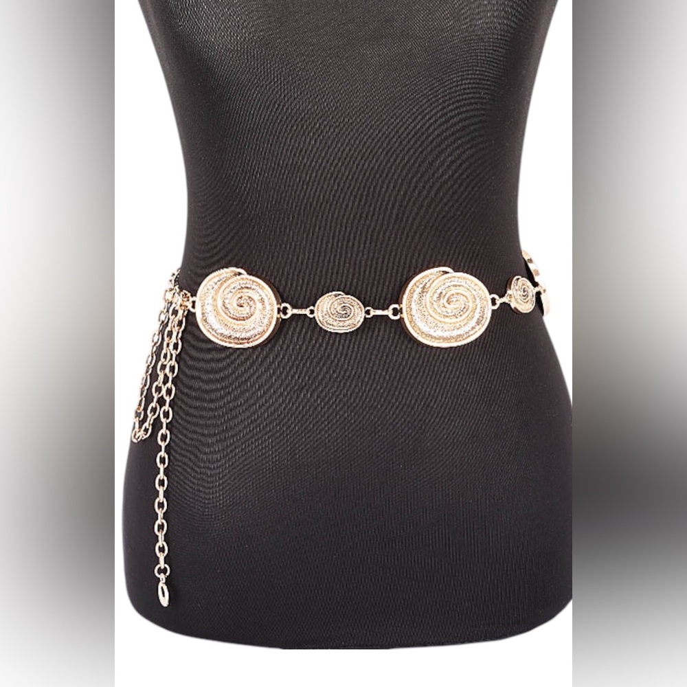 Gold or Silver Spiral Shell Charm Chain Waist Statement Belt - Picture 2 of 7